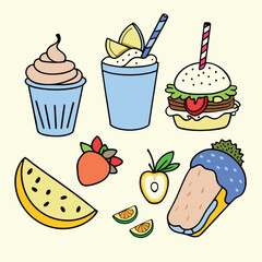 Cartoon Asian Food Vector Set – Cute Traditional Dishes, Rice Bowls, Dumplings, Noodles, lemon, strawberry, watermelon, Ice Cream ,Sandwich ,cupcake ,burger, coffee, and Tea Icons.