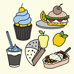 Cartoon Asian Food Vector Set – Cute Traditional Dishes, Rice Bowls, Dumplings, Noodles, lemon, strawberry, watermelon, Ice Cream ,Sandwich ,cupcake ,burger, coffee, and Tea Icons.