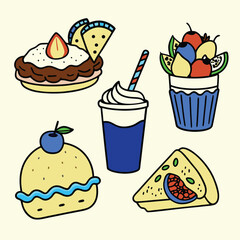 Cartoon Asian Food Vector Set – Cute Traditional Dishes, Rice Bowls, Dumplings, Noodles, lemon, strawberry, watermelon, Ice Cream ,Sandwich ,cupcake ,burger, coffee, and Tea Icons.