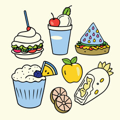 Cartoon Asian Food Vector Set – Cute Traditional Dishes, Rice Bowls, Dumplings, Noodles, lemon, strawberry, watermelon, Ice Cream ,Sandwich ,cupcake ,burger, coffee, and Tea Icons.