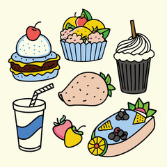 Cartoon Asian Food Vector Set – Cute Traditional Dishes, Rice Bowls, Dumplings, Noodles, lemon, strawberry, watermelon, Ice Cream ,Sandwich ,cupcake ,burger, coffee, and Tea Icons.