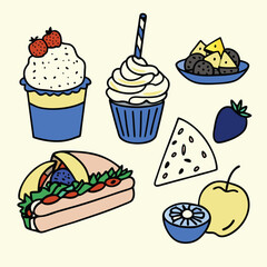 Cartoon Asian Food Vector Set – Cute Traditional Dishes, Rice Bowls, Dumplings, Noodles, lemon, strawberry, watermelon, Ice Cream ,Sandwich ,cupcake ,burger, coffee, and Tea Icons.