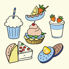 Cartoon Asian Food Vector Set – Cute Traditional Dishes, Rice Bowls, Dumplings, Noodles, lemon, strawberry, watermelon, Ice Cream ,Sandwich ,cupcake ,burger, coffee, and Tea Icons.