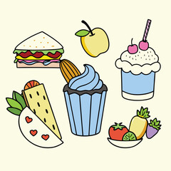 Cartoon Asian Food Vector Set – Cute Traditional Dishes, Rice Bowls, Dumplings, Noodles, lemon, strawberry, watermelon, Ice Cream ,Sandwich ,cupcake ,burger, coffee, and Tea Icons.