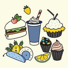 Cartoon Asian Food Vector Set – Cute Traditional Dishes, Rice Bowls, Dumplings, Noodles, lemon, strawberry, watermelon, Ice Cream ,Sandwich ,cupcake ,burger, coffee, and Tea Icons.