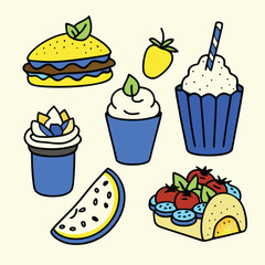 Cartoon Asian Food Vector Set – Cute Traditional Dishes, Rice Bowls, Dumplings, Noodles, lemon, strawberry, watermelon, Ice Cream ,Sandwich ,cupcake ,burger, coffee, and Tea Icons.