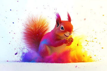 Obraz premium Vibrant squirrel holding a nut amidst colorful powder explosion in a whimsical setting