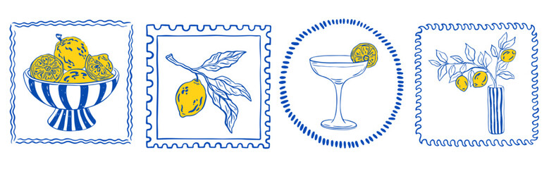 Vintage Italian summer vacation poster set. Hand drawn retro frame or border element design, elegant scenes or Sicilia or amalfi badge with lemons. Vector travel postcard stamp, summer engraving