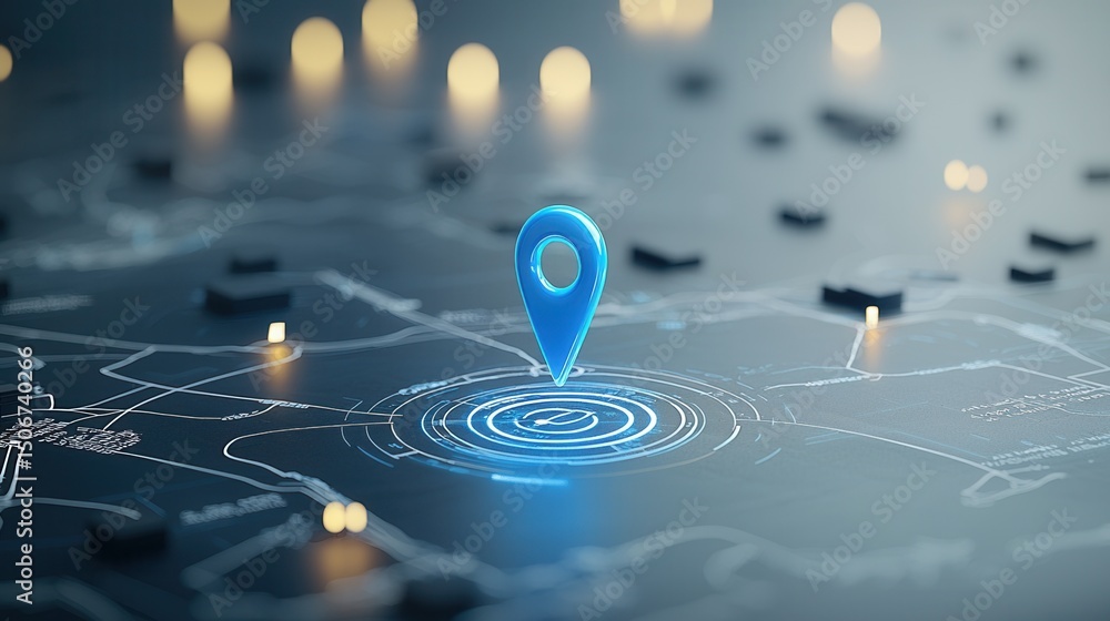 Poster a close up view of a glowing blue pin icon prominently displayed on a digital map or navigation inte