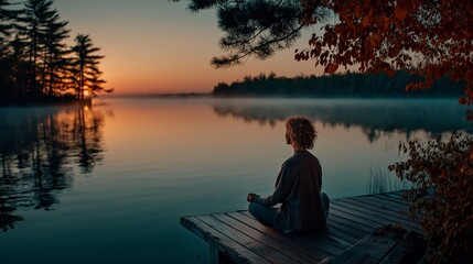 Serene silhouette of a woman meditating alone on a dock by a still lake during sunse. Mindfulness, solitude, reflection and spiritual calmness, mental health. Wellness and meditation
