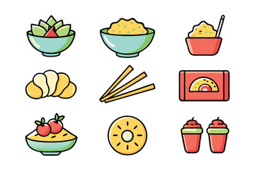 Cartoon Asian Food Vector Set – Cute Traditional Dishes, Rice Bowls, Dumplings, Noodles, lemon, strawberry, watermelon, Ice Cream ,Sandwich ,cupcake ,burger, coffee, and Tea Icons.