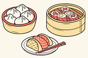 Cartoon Asian Food Vector Set – Cute Traditional Dishes, Rice Bowls, Dumplings, Noodles, lemon, strawberry, watermelon, Ice Cream ,Sandwich ,cupcake ,burger, coffee, and Tea Icons.