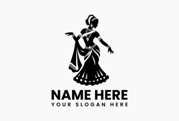 Traditional Indian Bharatanatyam dancer silhouette in elegant black and white vector logo with costume details