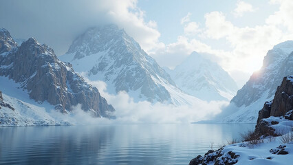The serene beauty of icy mountains reflecting in a calm frozen lake during early morning light.