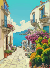 View of the Mediterranean sea from the street with houses and blooming trees.