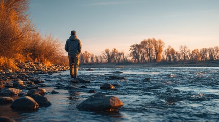 Man stands in flowing river at sunset, with trees lining the banks on either side, creating a calm and serene landscape.