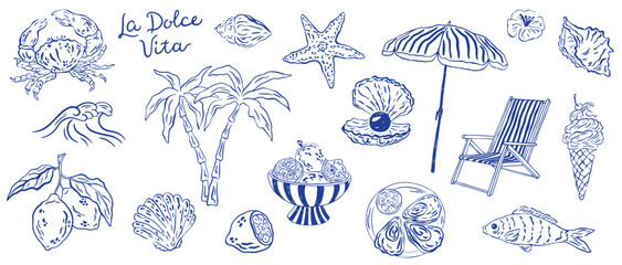 Hand drawn summer illustration set. Italian dolce vita. Doodle minimalist line art. Lemon, palm tree, cocktails sun and sea, seashells vacation in chalk charcoal style. Drawings for poster, placard