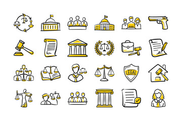 Law & Justice Icons Set – Hand Drawn Legal System, Court & Attorney Symbols

