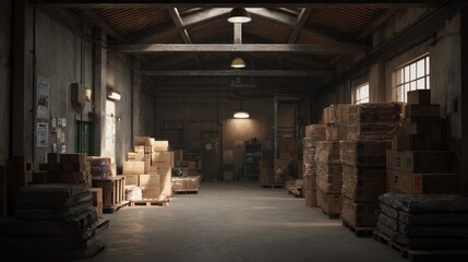 Warehouse interior: dimly lit, with stacked boxes and supplies, conveying a sense of industry and storage solutions.