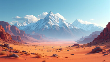 Dramatic contrast between arid sandstone canyons and icy alpine peaks.