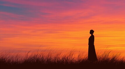 Fototapeta premium Silhouette of Woman in Field at Sunset Contemplating Future Goals and Personal Growth Representing Serenity and Peaceful Reflection : Generative AI