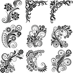  Nine elegant black and white floral design elements