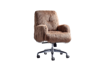 Plush brown faux fur office chair with high back design on chrome swivel base, isolated on a transparent background