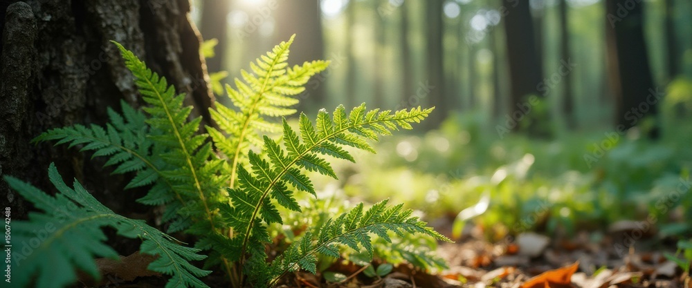 Aufkleber Sunlit ferns sprout by a mossy tree trunk in a lush, peaceful forest, light filtering through the canopy, creating a serene nature scene
