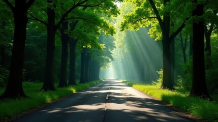 Fototapeta premium Serene morning sunbeams filtering through a verdant tree-lined road, casting long shadows on the asphalt