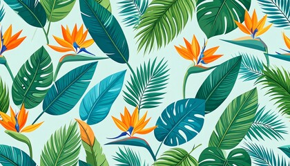 Tropical floral pattern with birds of paradise.