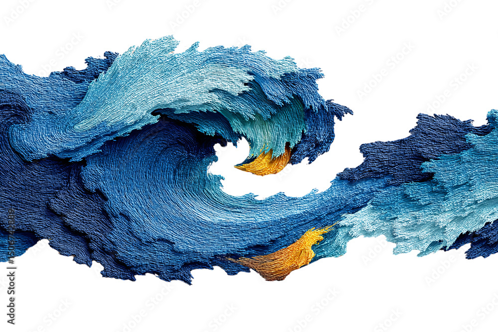 Poster swirling blue paint stroke creating wave-like motion with golden yellow highlights and textured brus
