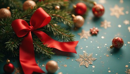 Christmas adornments on teal background: evergreen branches, red ribbon bow, golden baubles, and glitter snowflakes.