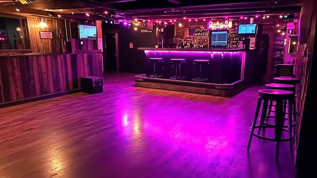 Interior view of dimly lit nightclub with empty dance floor and bar area