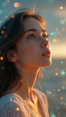 Dreamy Young Woman Gazing Upward in Golden Light with Bokeh Background