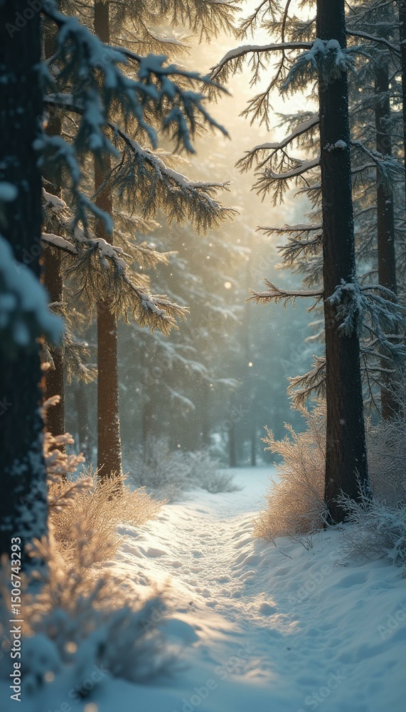 Aufkleber Winter forest trail with snow-covered trees and golden sunlight filtering through the branches creating a serene nature scene