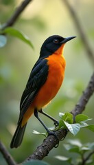 Fototapeta premium Vibrant orange and black bird perches on branch, bathed in natural light, with soft focus green foliage backdrop