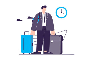 Businessman standing with luggage and clock icon. Illustration