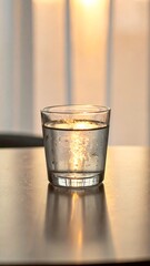  Glass of water on a table with morning light background 