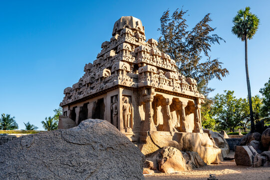 Ancient stone temple at Five Rathas in Mamallapuram, Tamil Nadu, India