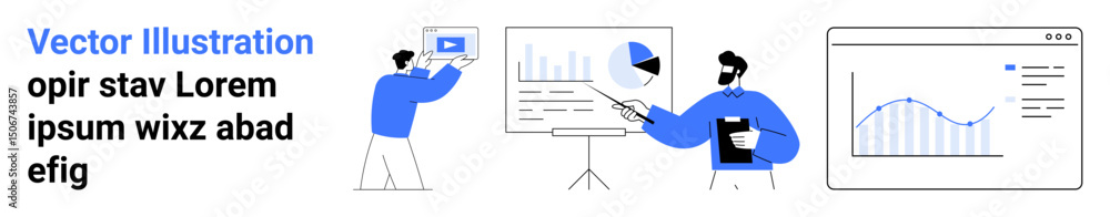 Poster professionals working with data charts, pie graphs, and analytics in a presentation setting. ideal f