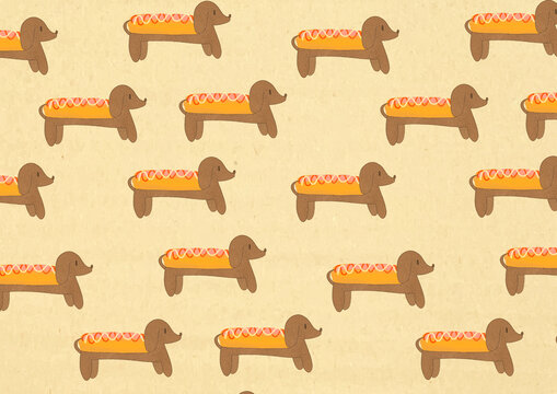 Whimsical illustration of hot dog dogs in a seamless pattern