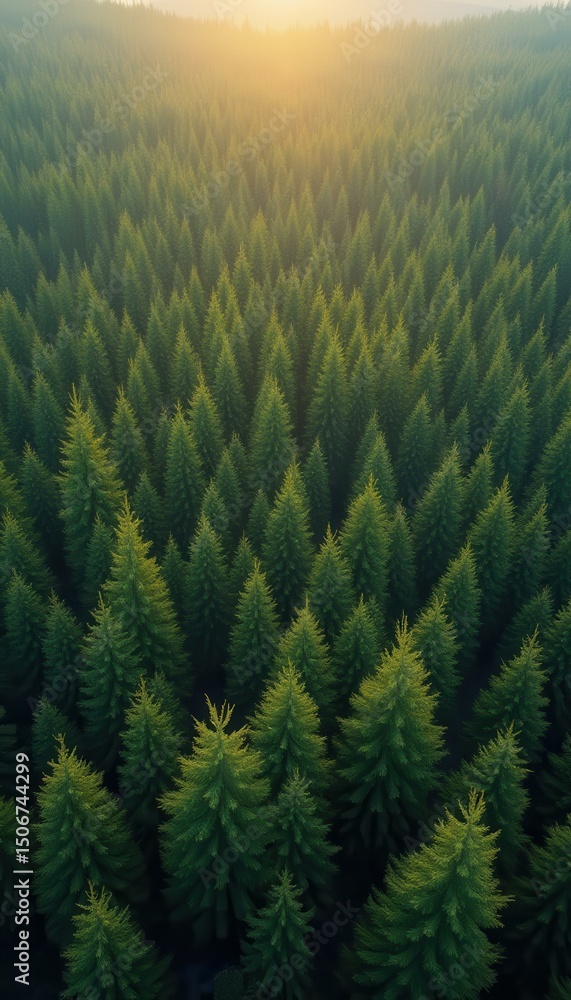Aufkleber aerial view of a dense evergreen forest at sunrise, showcasing the texture of the treetops, creating