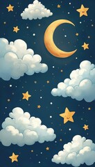 Fototapeta premium Whimsical Night Sky with Smiling Stars, Crescent Moon, and Fluffy Clouds, Ideal for Children's Illustration and Background