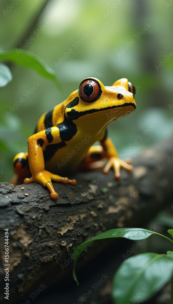 Poster striking poison dart frog on a mossy branch in lush rainforest environment