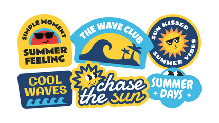 Summer badge, patch, label, stickers collection. Tropical sunset beach vibes design template.