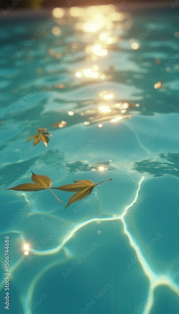 Aufkleber maple leaves floating in turquoise water of swimming pool reflecting sunlight creating ethereal unde