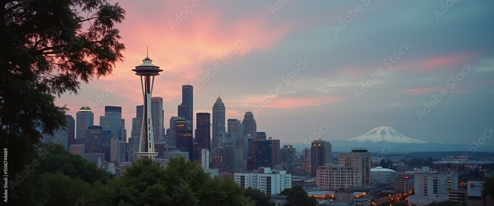 Poster panoramic view of a cityscape at twilight, featuring modern architecture, a towering spire, and a di