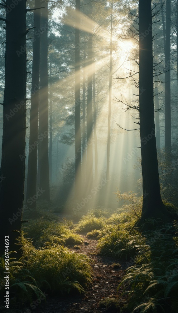 Aufkleber Sunbeams Illuminating a Misty Forest Path with Lush Ferns and Towering Trees