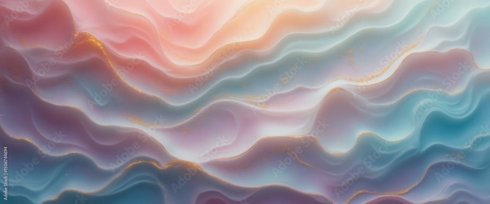 Poster Abstract wavy background in pastel colors with golden accents, soft gradient hues, and gentle flowing lines forming a mesmerizing