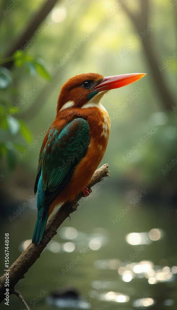 Poster stunning kingfisher perched on branch in lush forest with glimmering river background